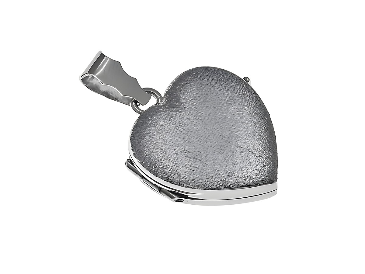 Rhodiniertes Silber Medaillon in Herzform vom Juwelier Harnisch, glänzende Oberfläche, elegantes Design, ideal als Schmuckstück oder Geschenk für besondere Anlässe.