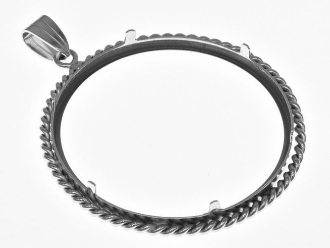 Münzfassung Anhänger aus 925 Sterling Silber, rhodiniert, mit Kordel-Design, geeignet für Münzen mit einem Durchmesser von bis zu 40 mm, Hersteller Juwelier Harnisch.