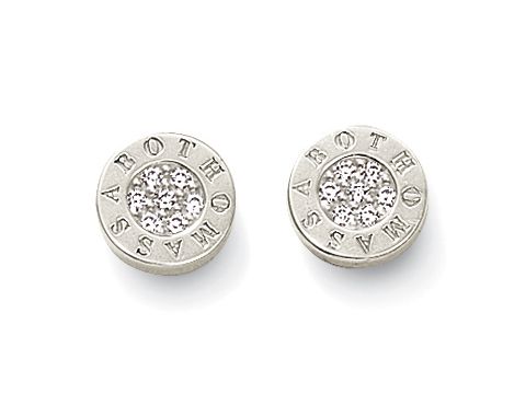 Thomas Sabo Ohrstecker H1547-051-14 aus Silber mit Zirkonia, runde Form mit eingearbeitetem Schriftzug und funkelndem Stein in der Mitte, zeitloses und elegantes Design.