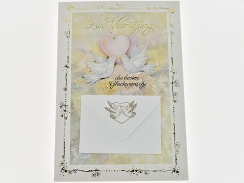 Hochzeitskarte mit Umschlag, verziert mit weißen Täubchen und einem Herz, Schriftzug zur Vermählung, von Juwelier Harnisch, ideal für Hochzeitsglückwünsche.
