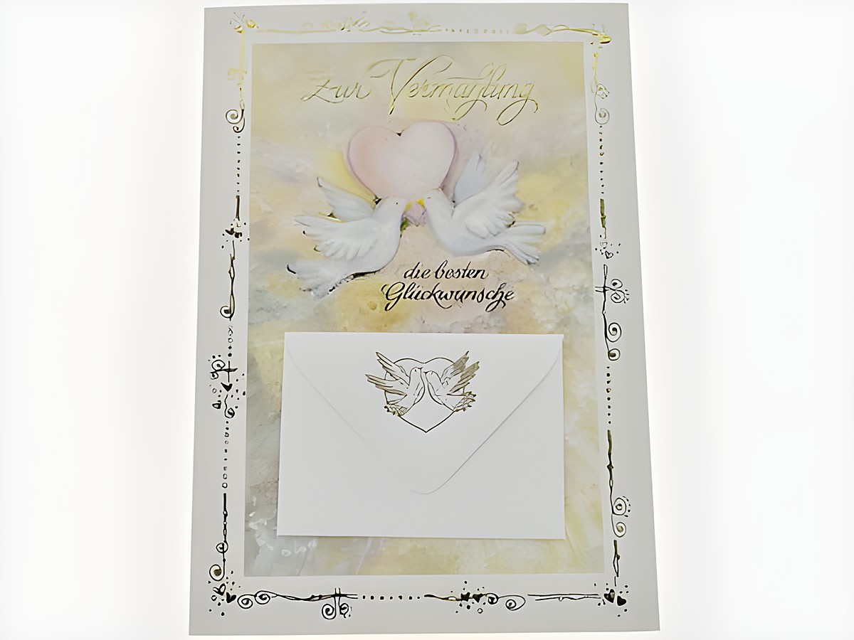 Hochzeitskarte mit Umschlag, verziert mit weißen Täubchen und einem Herz, Schriftzug zur Vermählung, von Juwelier Harnisch, ideal für Hochzeitsglückwünsche.
