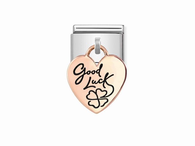 Charm-Anhänger aus Roségold 375 in Herzform mit gravierter Aufschrift Good Luck und einem Kleeblatt-Symbol, passend für Nomination Armbänder.
