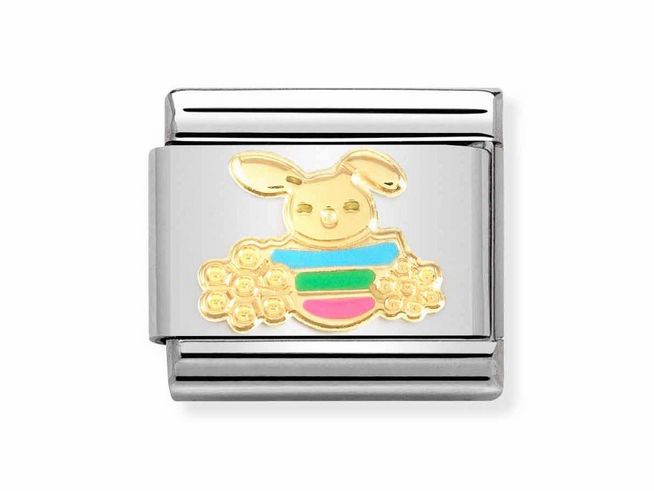 Edelstahlarmband mit 750 Gelbgold und buntem Emaille, zeigt einen fröhlichen Osterhasen umgeben von Blumen. Herstellernummer 030272 74 CLASSIC SYMBOLE.