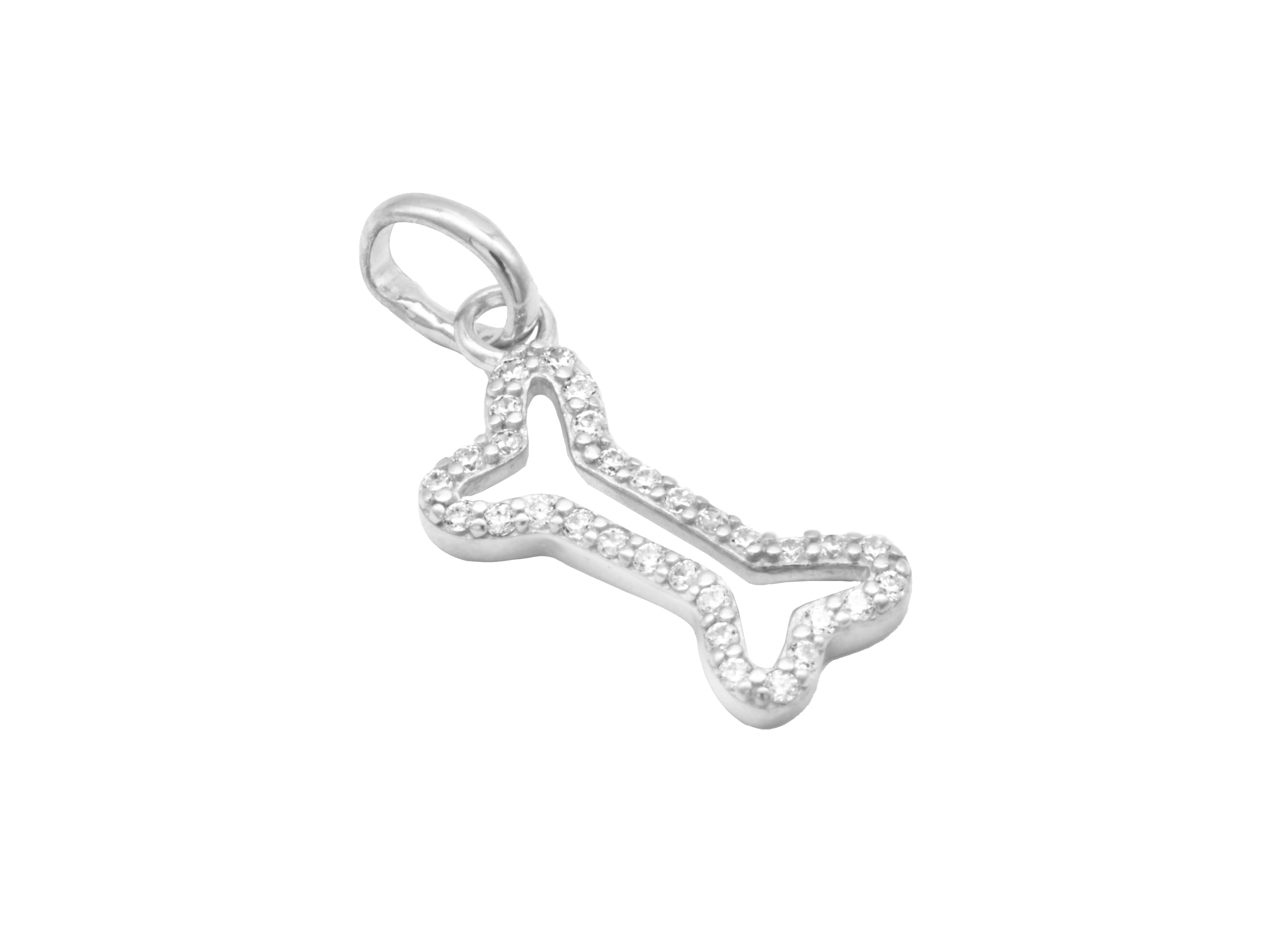 Knochenanhänger aus Sterling Silber 925, rhodiniert und poliert, mit funkelnden Zirkonia-Steinen, hergestellt von Juwelier Harnisch, ideal für Tierliebhaber.