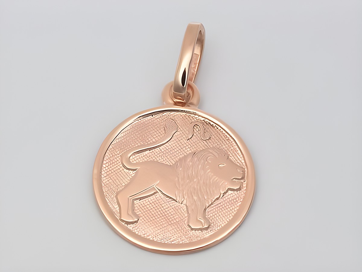 Löwe aus rosé vergoldetem Sterling Silber, poliert, als Sternzeichen-Medaille mit einem Durchmesser von 14 mm, Hersteller Juwelier Harnisch.