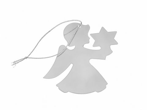 Baum- oder Geschenk Anhänger Engel in Silber mit Stern und Platz für Gravur von Hersteller Juwelier Harnisch, perfektes Dekorationsstück für Geschenkverpackungen.