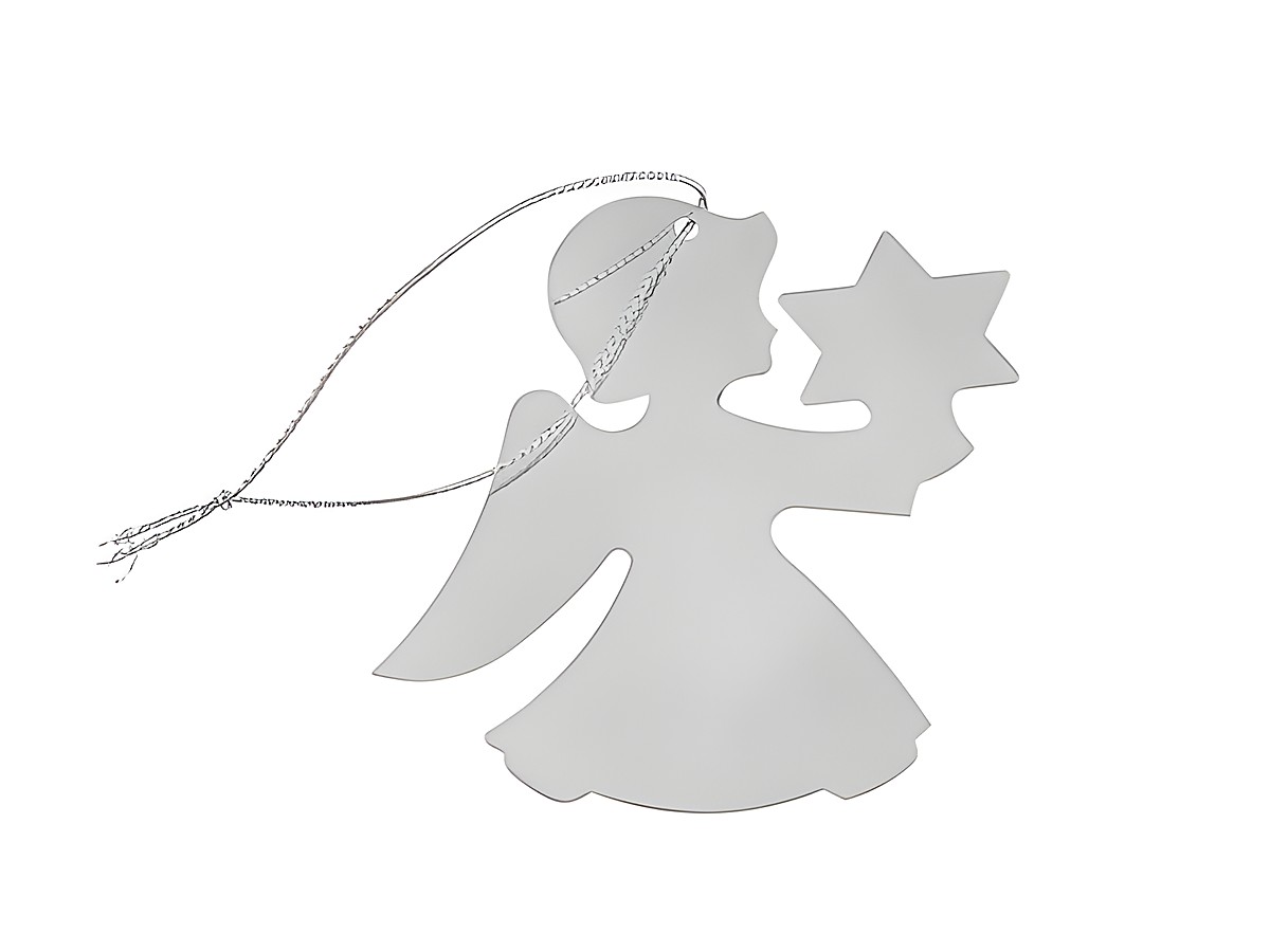 Baum- oder Geschenk Anhänger Engel in Silber mit Stern und Platz für Gravur von Hersteller Juwelier Harnisch, perfektes Dekorationsstück für Geschenkverpackungen.