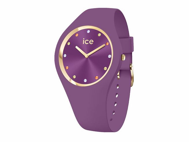 Elegante lila Armbanduhr Ice watch 022286 aus der ICE cosmos Serie mit goldfarbenem Zifferblatt, bunten Minutenmarkierungen und flexiblem Silikonarmband, Größe Small.