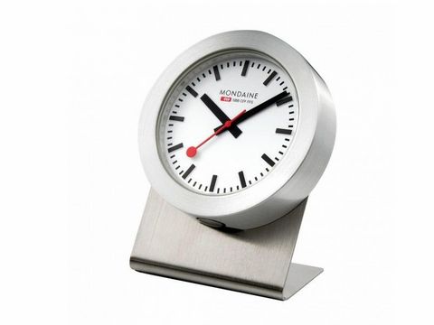 Mondaine SBB Magnet Clock A660.30318.81SBB Unisex Tischuhr mit silbernem Gehäuse und weißem Ziffernblatt, rote Zeiger und klare Strichmarkierungen, modern und elegant.