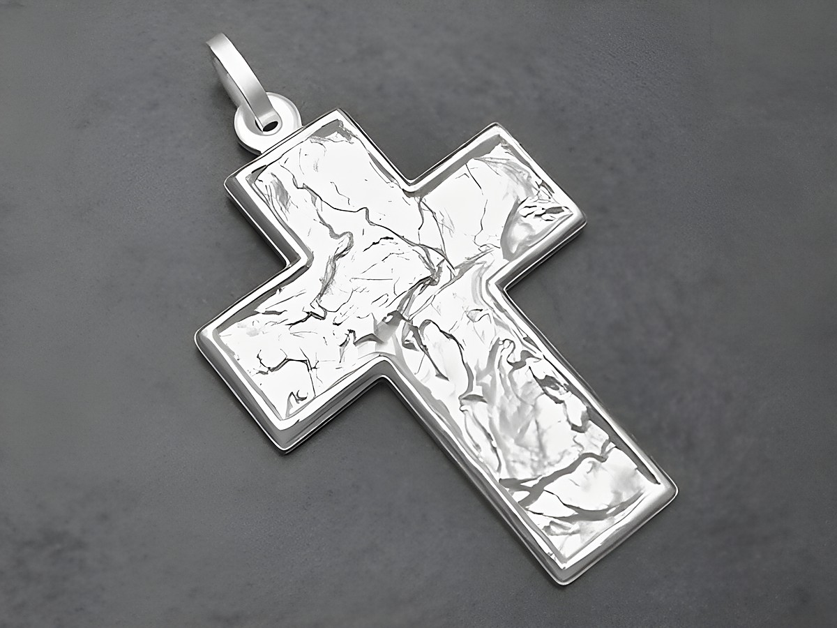 Silber Kreuz Designermuster aus Sterling Silber, 39 mm groß, mit einzigartiger texturiertem Oberfläche, Hersteller Juwelier Harnisch, ideal als Anhänger oder Schmuckstück.