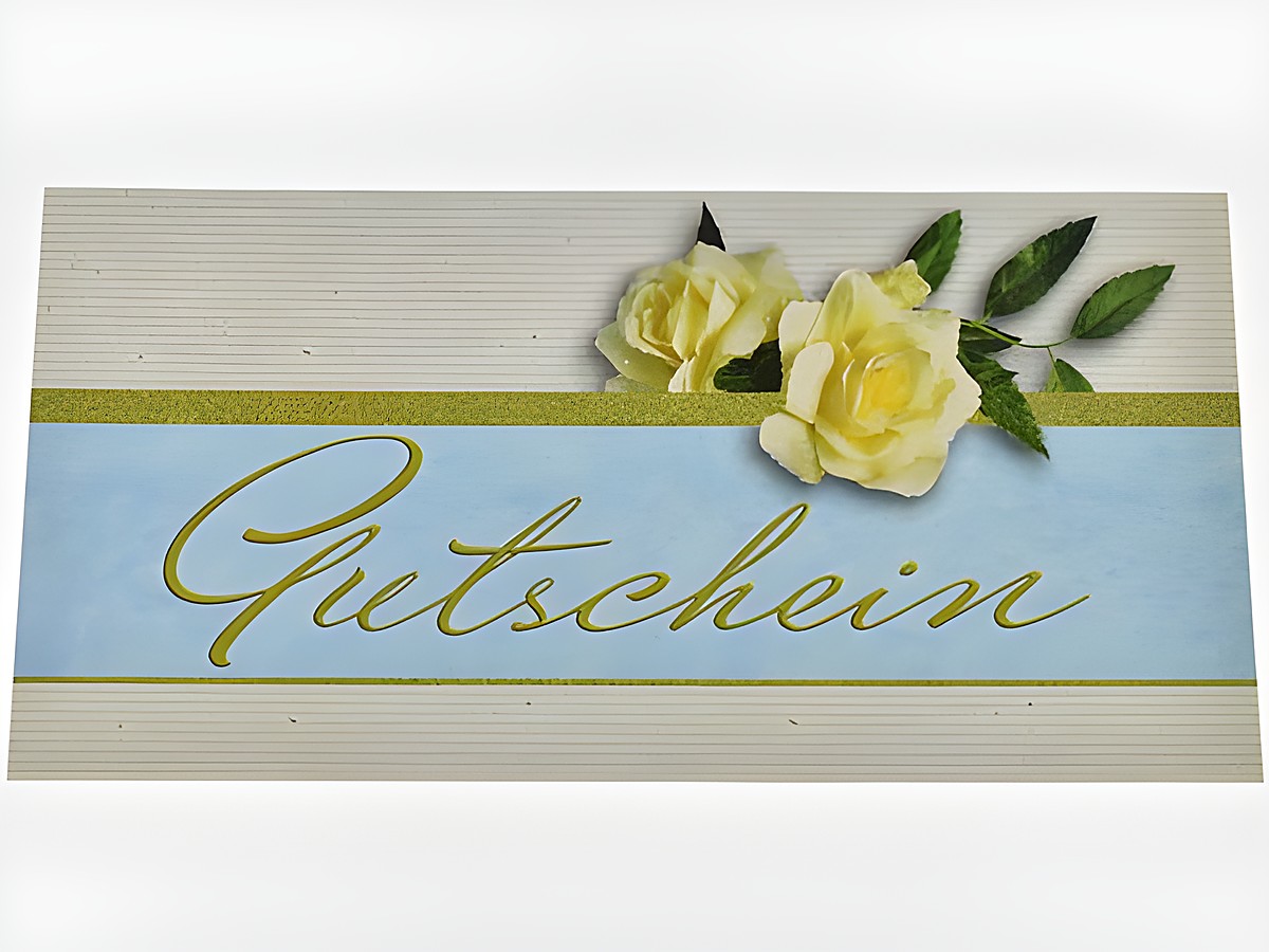 Gutscheinkarte mit dem Text Gutschein, verziert mit gelben Rosen und grünen Blättern, für den Hersteller Juwelier Harnisch. Ideal für besondere Anlässe.