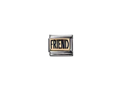 Ein silberner Charm mit der Aufschrift FRIEND in schwarzer Schrift auf einem goldenen Hintergrund, ideal für personalisierte Schmuckstücke von Nomination.