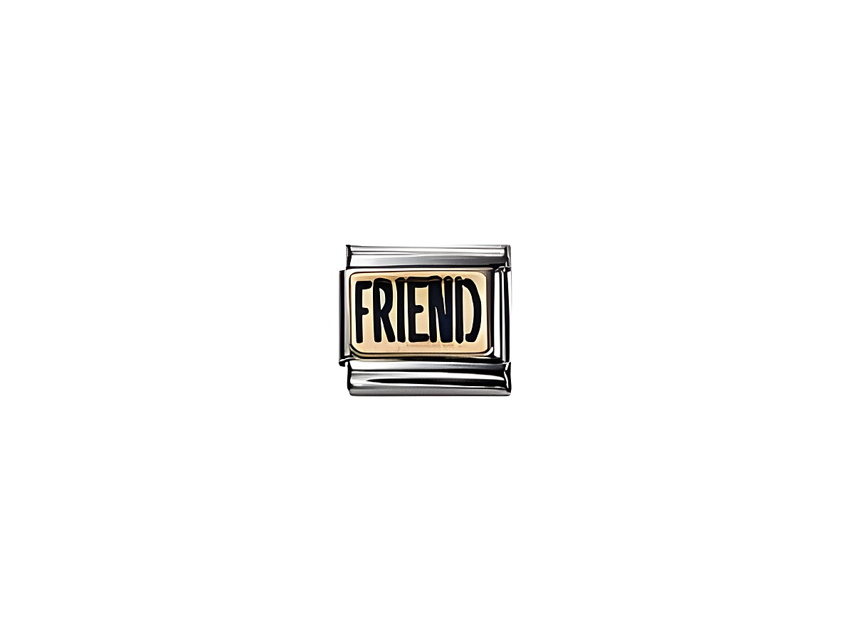 Ein silberner Charm mit der Aufschrift FRIEND in schwarzer Schrift auf einem goldenen Hintergrund, ideal für personalisierte Schmuckstücke von Nomination.
