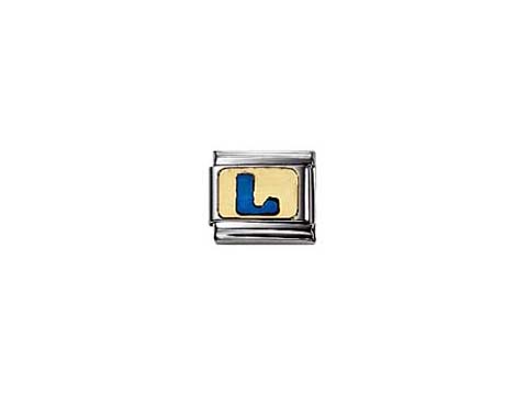 Klassisches Charm mit blau emailliertem Buchstaben L, hergestellt von Nomination. Der Buchstabe ist in einen silbernen Rahmen eingefasst und hat einen hellen Hintergrund.