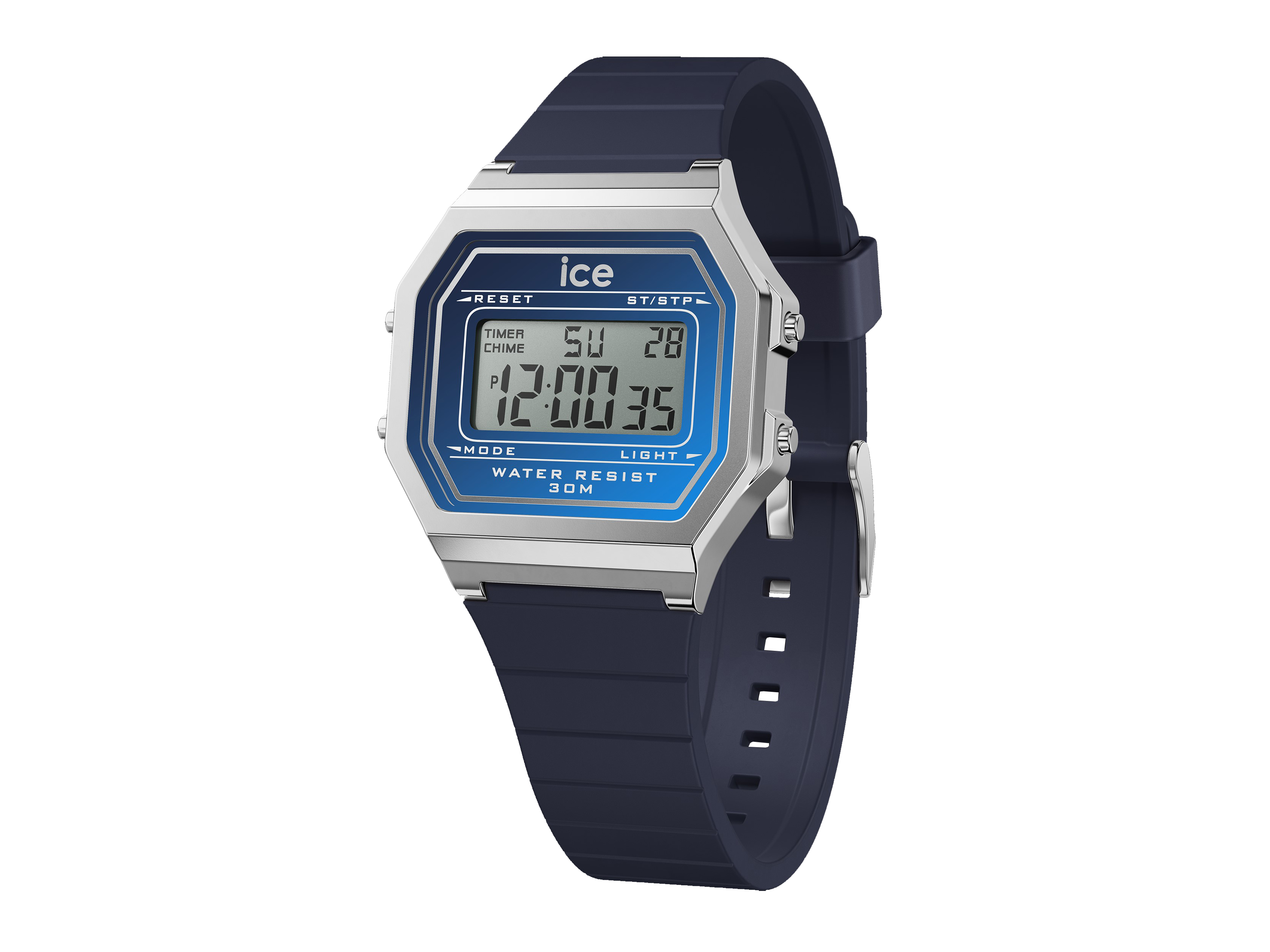 Ice Watch Uhr 023309 ist eine digitale Retro-Uhr in Navy Twilight mit blauer Anzeige und silbernem Gehäuse. Sie verfügt über einen komfortablen Armband aus Silikon und ist bis 30 Meter wasserdicht.