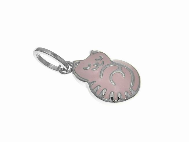 Anhänger aus rhodiniertem Sterling Silber in Katzenform mit polierter Oberfläche und lackiertem hellrosa Detail, hergestellt von Juwelier Harnisch, ideal für Kinder.