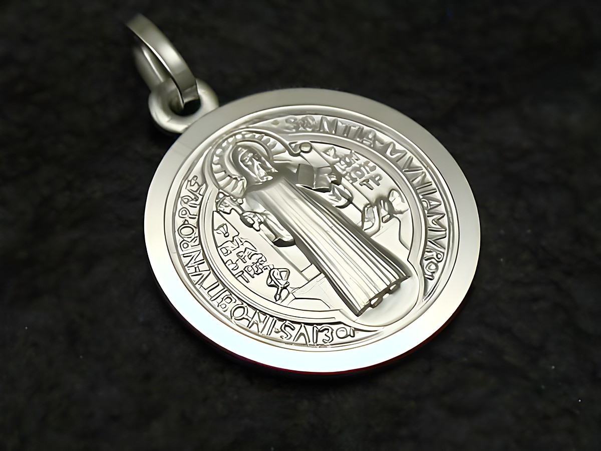 Silberanhänger mit dem Bild des Heiligen Benedikt, Schutzpatron der Lehrer, hergestellt von Juwelier Harnisch, zeigt detaillierte Gravuren und einen klassischen runden Anhängerstil.