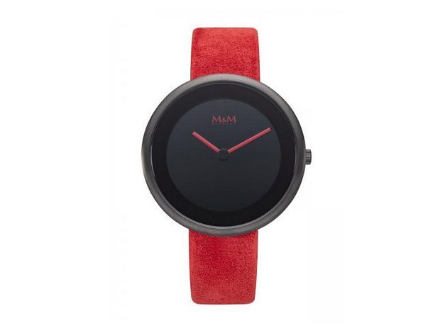 M&M Damen- und Herrenuhr M11946-685 Big Time Circle mit schwarzem Zifferblatt und rotem Wildlederarmband, modernes Design und sportliche Eleganz. Ideal für jeden Anlass.
