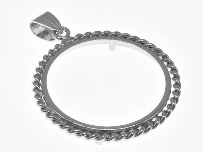 Münzfassung Anhänger aus 925 Sterling Silber rhodiniert mit Kordel-Design, geeignet für Münzen bis 29 mm Durchmesser, Hersteller Juwelier Harnisch, maximal bis 3,0 cm.