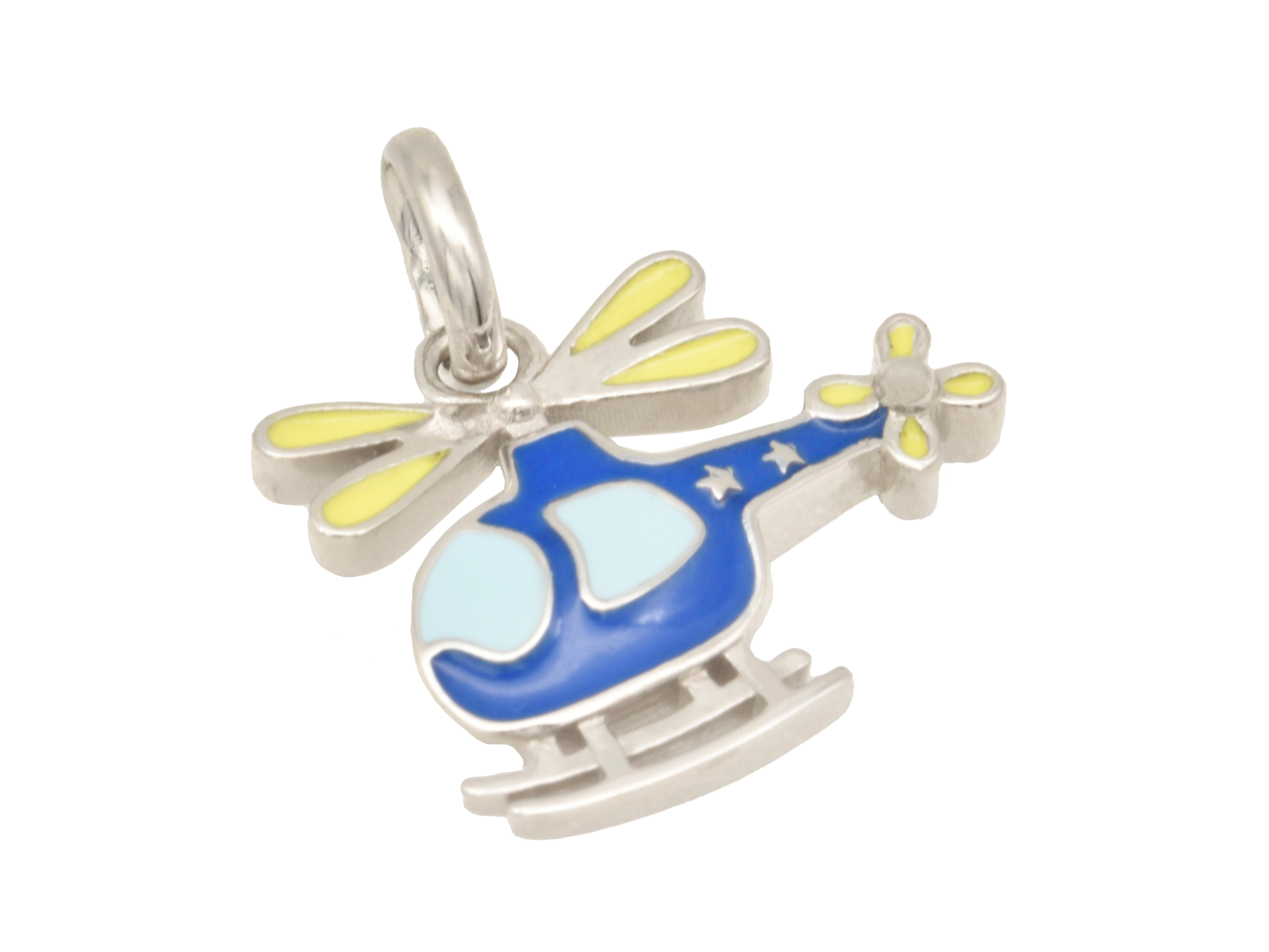 Silber Anhänger in Form eines Helikopters für Kinder, gefertigt aus rhodiniertem Sterling Silber, poliert mit buntem Lackverzierungen. Hersteller: Juwelier Harnisch.