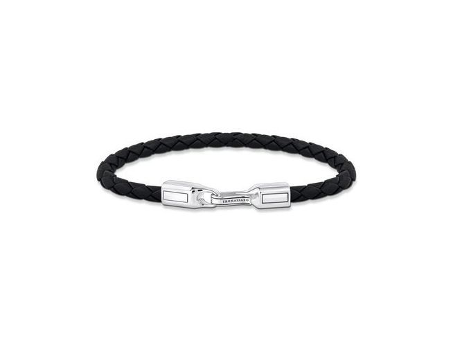 Silbernes Thomas Sabo Armband mit einem geflochtenen schwarzen Lederband und einer markanten Verschlussmechanik, ideal für einen lässigen und eleganten Look, Länge 17 cm.