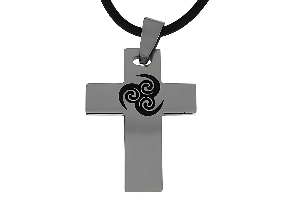 Edelstahl Anhänger in Form eines Kreuzes mit schwarzem Muster, Hersteller Juwelier Harnisch, ideal als modisches Accessoire.