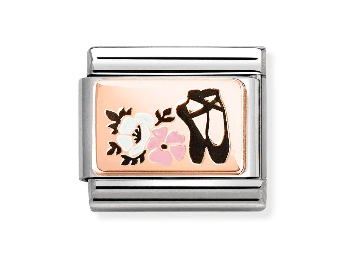 Plättchen aus Roségold mit buntem Emaille-Motiv, zeigt Tanzschuhe und Blumen; ideal für Schmuckliebhaber, Hersteller ist Nomination, Neuheiten in der Kollektion.