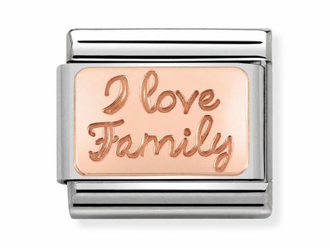 Roségoldene Classic Platte von Nomination mit eingravierter Aufschrift I love Family, ideal für persönliche Schmuckstücke und Familienliebhaber.