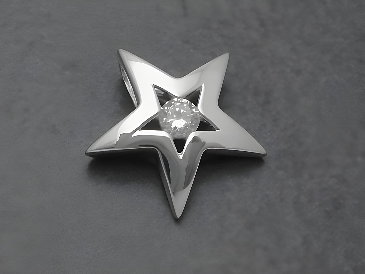 Silber Anhänger in Form eines Sterns mit Zirkonia in der Mitte, Hersteller Juwelier Harnisch, ideal für Schmuckliebhaber mit Liebe zu Sonne Mond Sterne Motiven.