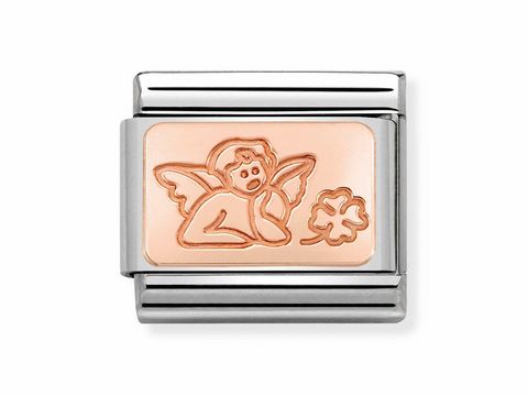 Roségoldfarbener Charm von Nomination mit einem Engel und einem Kleeblatt, symbolisiert Glück und Schutz. Ideal für individuellen Schmuck und Geschenke.