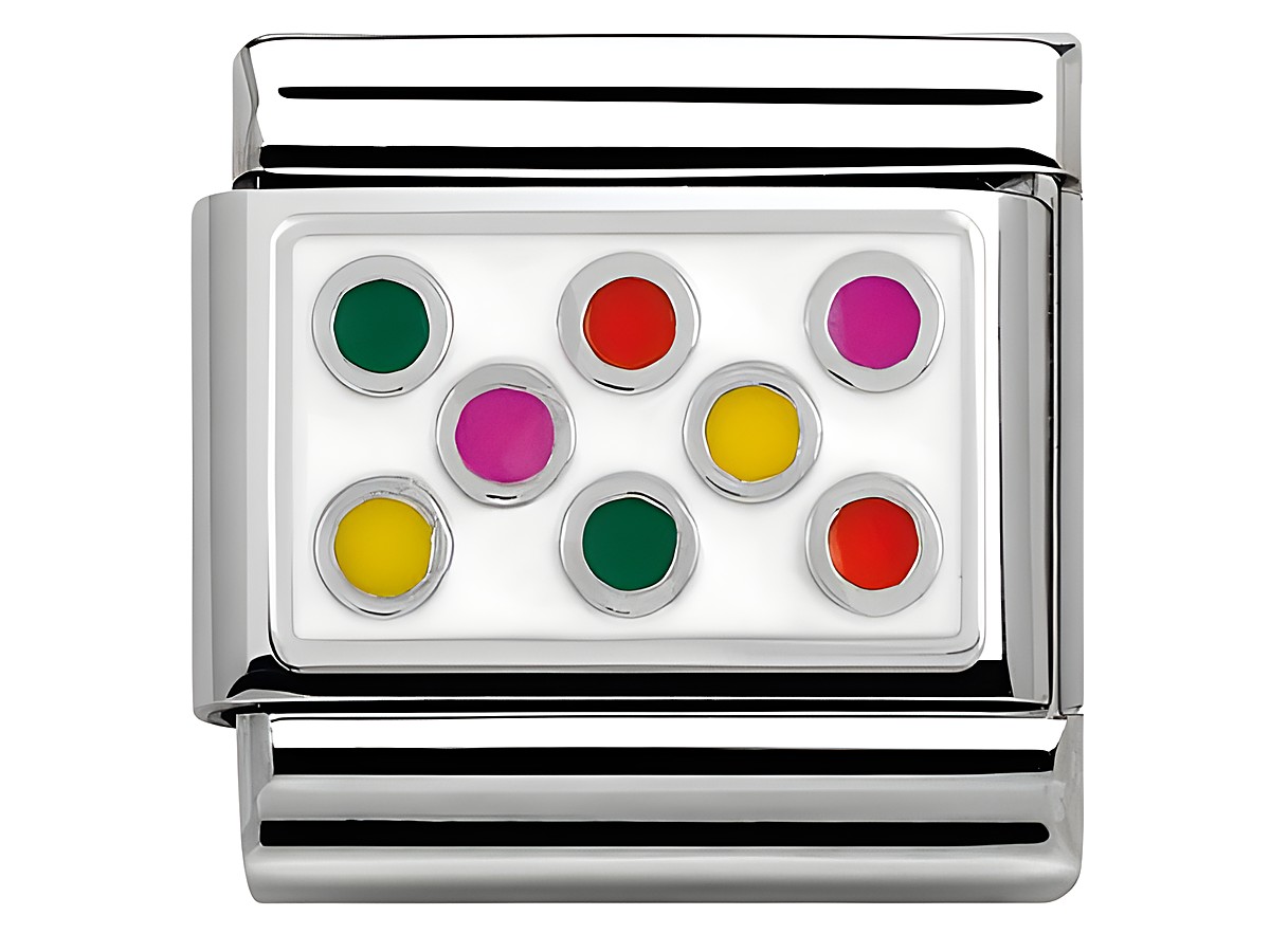 Armbandschließe aus Edelstahl von Nomination mit bunten Kügelchen in rot, gelb, grün und pink auf weißem Emaille-Hintergrund, Modell SilverShine 330206 10 Classic, stilvolles Design.