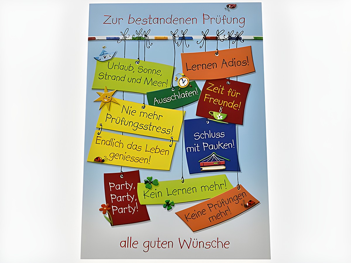 Die Glückwunschkarte zur bestandenen Prüfung zeigt bunte Sprüche und Wünsche wie "Lernen Adios" und "Endlich das Leben genießen" auf verschiedenen farbigen Karten, um positive Gratulationen auszudrücken.