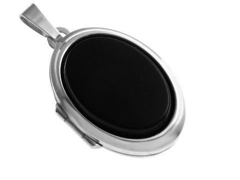 Onyx Cabochon in rhodiniertem Sterling Silber Medaillon, schwarz, hergestellt von Juwelier Harnisch, elegant und zeitlos in Design. Ideal als persönliches Schmuckstück.