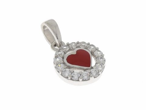 Ein romantischer Anhänger in Herzform aus Silber mit rhodinierten Oberflächen, verziert mit Zirkonia und rotem Lack, hergestellt von Juwelier Harnisch, Perlen und Steine.