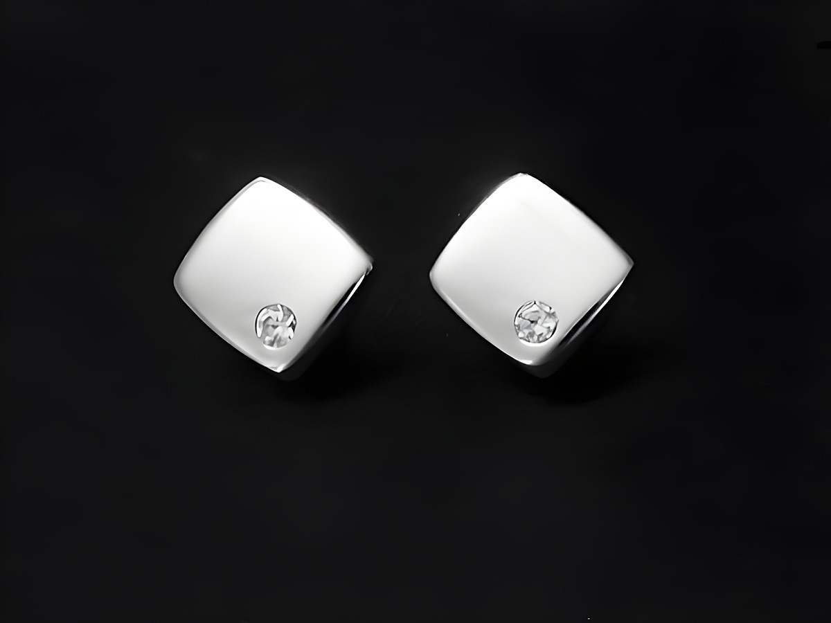 Silberne viereckige Ohrstecker aus rhodiniertem Material mit Zirkonia, gefertigt von Juwelier Harnisch, für einen eleganten Look.