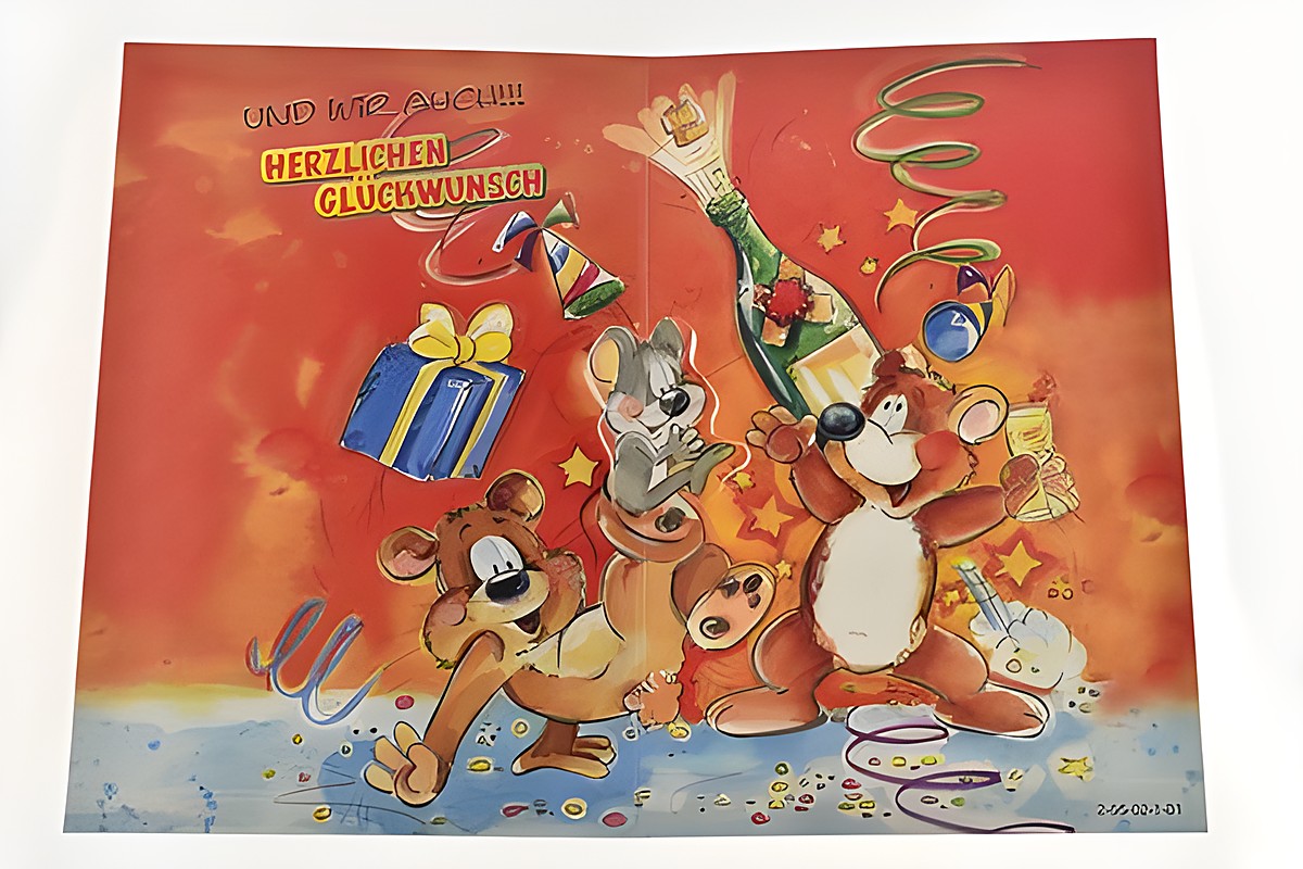 Auf der Geburtstagskarte sind fröhliche Pinguine abgebildet, die mit Geschenken und Konfetti feiern. Die Karte stammt vom Hersteller Juwelier Harnisch und ist ideal für Glückwünsche. – Ansicht 2