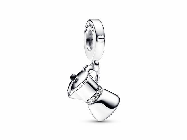 Charm-Anhänger in Form einer Espressokanne aus Silber mit Zirkonia, Hersteller Pandora, ideal als stilvolles Accessoire für Armbänder oder Halsketten.