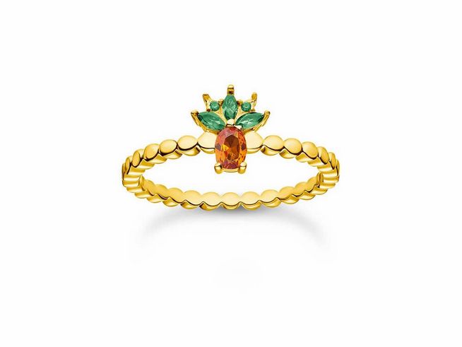 Thomas Sabo Ring in vergoldetem Sterling Silber mit Ananas-Motiv, orangefarbener Glas-Keramik Stein und grünen Zierteilen, Größe 56.