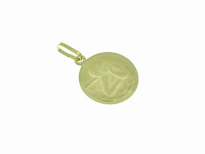 Der Anhänger zeigt einen Schutzengel aus Gold 333 mit filigraner Gravur. Er ist rund und besitzt einen praktischen Aufhängering. Hergestellt von Juwelier Harnisch, ideal als Geschenk.