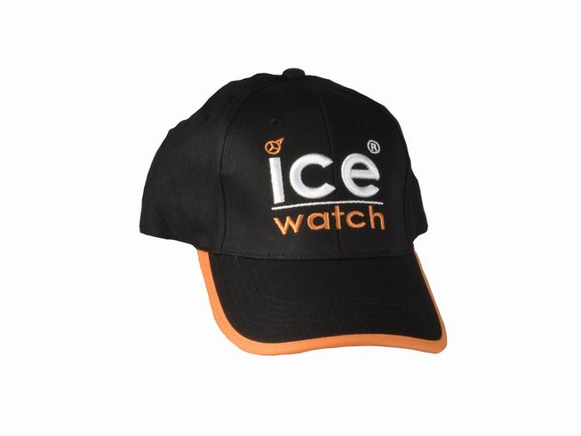 ICE WATCH Baseball Cap in Schwarz mit oranger Ziernaht, ausgestattet mit dem gestickten Logo "ice watch" auf der Vorderseite, idealer Accessoire für sportliche Outfits.