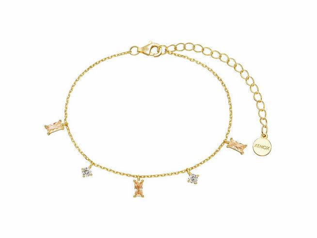 Xenox Sterling Silber Armband XS2137G mit Kareekette in Gelbgold Vergoldung, verziert mit funkelnden Anhängern, flexibel einstellbar von 15 bis 20 cm, ideal für jeden Anlass.
