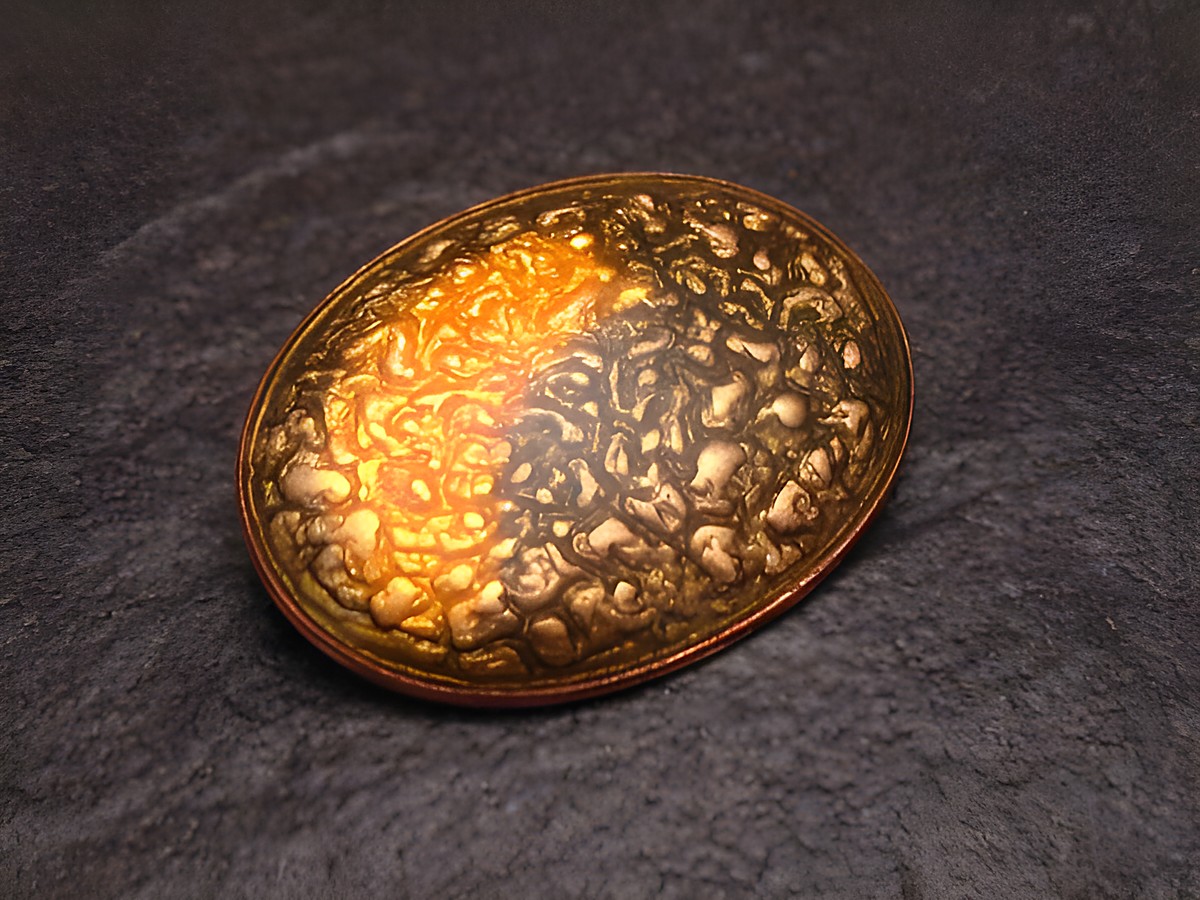Vintagestil Brosche im Safari Design in gelb-gold, aus vergoldetem Emaille, hergestellt vom Juwelier Harnisch, zweidimensionale, strukturierte Oberfläche, elegant und zeitlos.