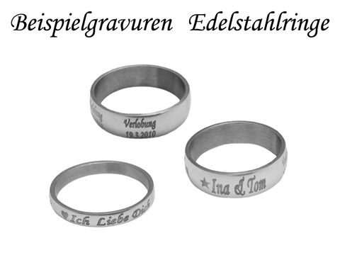 Edelstahlring Gr. 21/66,5 gewölbt 3 mm poliert massiv von Juwelier Harnisch, gezeigt in Beispielgravuren, verschiedene Designs und Gravuren auf Ringen.