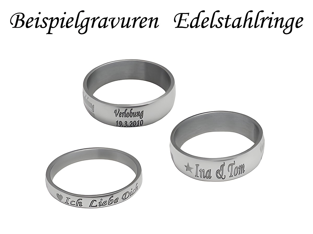 Edelstahlring Gr. 21/66,5 gewölbt 3 mm poliert massiv von Juwelier Harnisch, gezeigt in Beispielgravuren, verschiedene Designs und Gravuren auf Ringen. – Ansicht 2