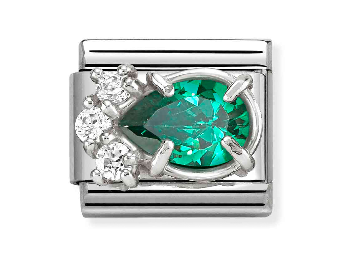 Sterling Silber Charm von Pandora in Tropfenform mit grünem Zirkonia und weißen Zirkoniasteinen, glänzende Oberfläche, ideale Ergänzung für jedes Schmuckstück.