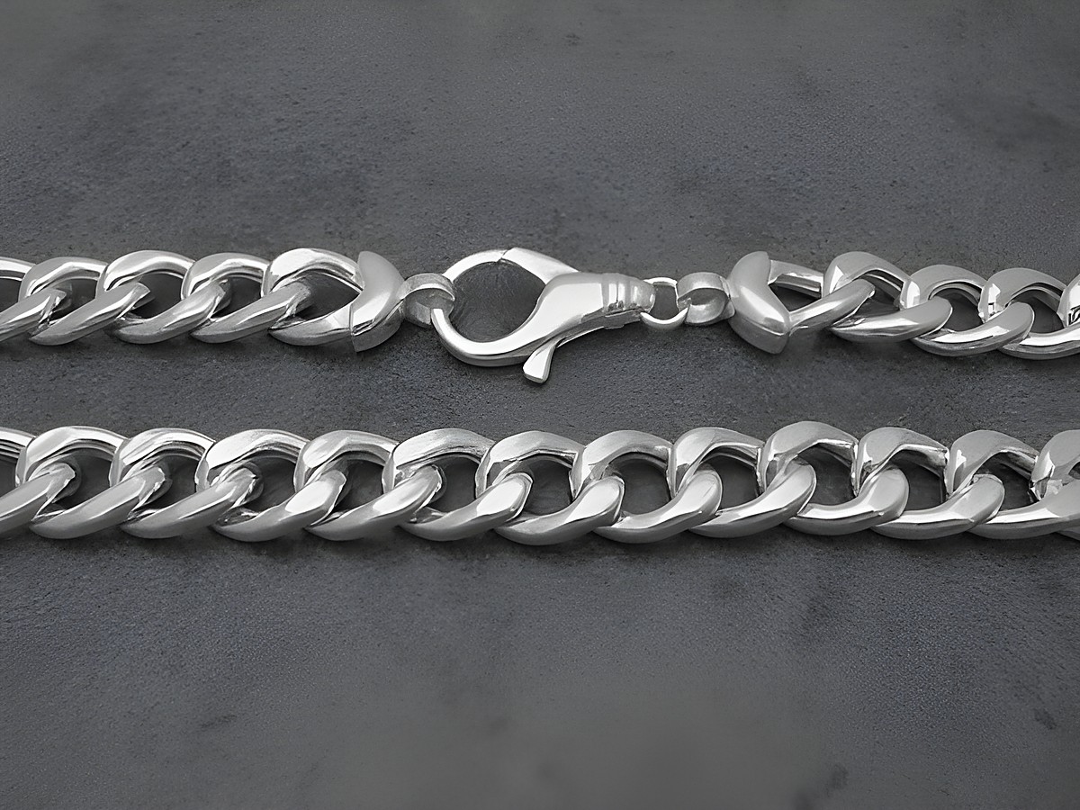 Panzerkette Kette aus rhodiniertem Sterling Silber, 60 cm lang, 12,3 mm stark mit Karabinerverschluss, Gewicht 74,7 g, Modell von Juwelier Harnisch, hochwertig und robust.