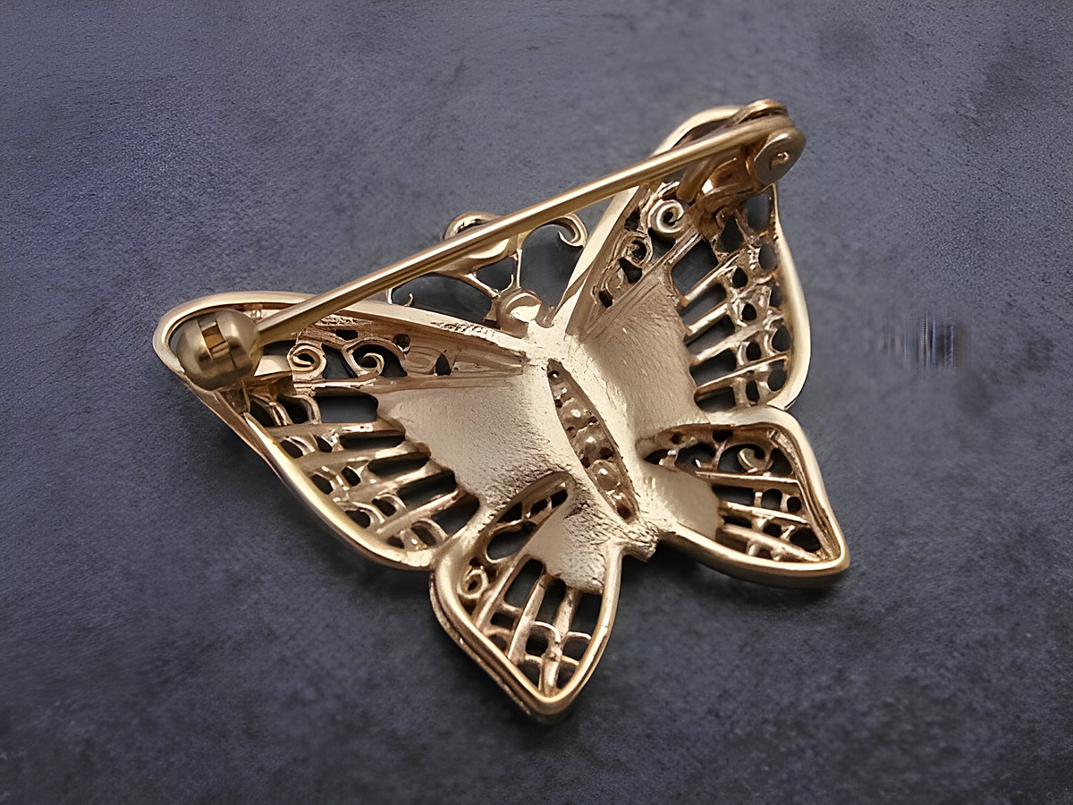 Gold Brosche in Form eines Schmetterlings, tierisch, Gold 333, Anstecknadel, Hersteller: Juwelier Harnisch, dekorative Brosche mit filigranen Details. – Ansicht 2