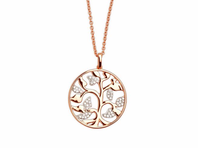 Eleganter Xenox Sterling Silber Anhänger XS2940R in Roségold vergoldet mit Lebensbaum-Motiv und funkelnden Zirkonia, an einer feinen Kette befestigt. Ideal als Schmuckstück für besondere Anlässe.