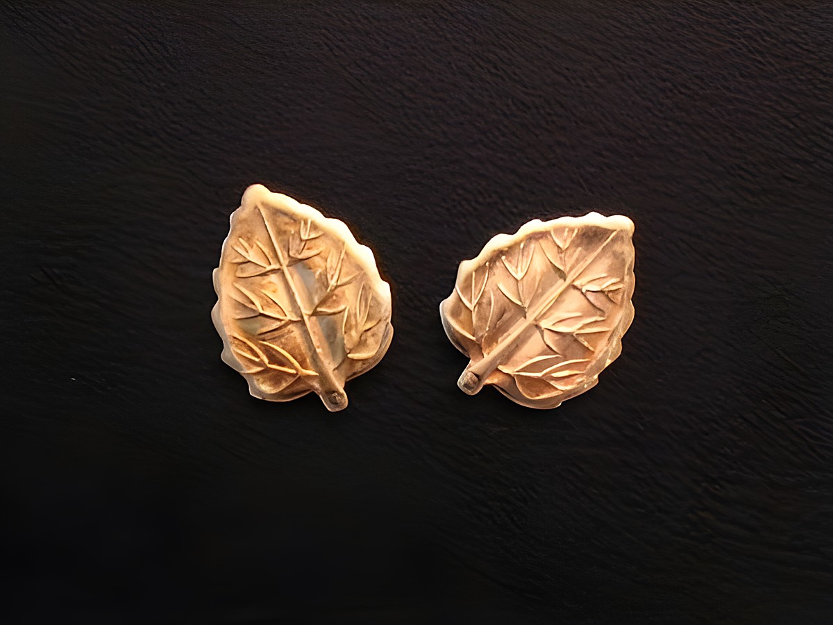 Ohrringe in Form von Blättern aus goldfarbenem Metall auf silbernem Hintergrund, nostalgischer Stil, Hersteller Juwelier Harnisch, Ohrstecker ohne Stein.