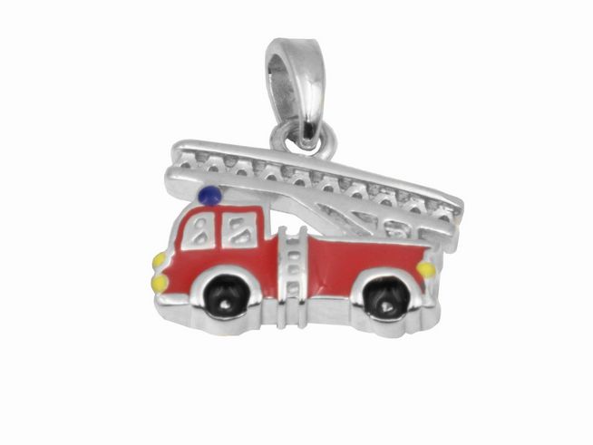 Ein Anhänger in Form eines roten Feuerwehrautos aus 925 Sterling Silber, poliert und rhodiniert, ideal für Kinder, mit detaillierten Farben und einer Leiter.